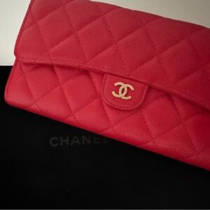 CHANEL Wallet FULL SET Classic Caviar Quilted Large Gusset Flap Red Gold